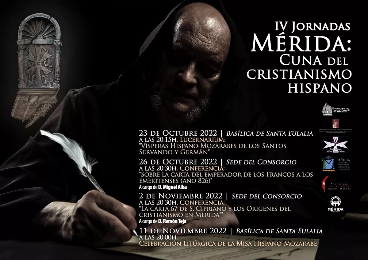 📣 Recuerda que hoy, miércoles 26 de octubre, comienzan IV Jornadas Mérida, Cuna del Cristianismo Hispano con la conferencia "Sobre la Carta del Emperador de los Francos a los Emeritenses" a cargo de Miguel Alba.

📌 Sede del <a href="/MeridaCiudad/">Mérida Consorcio de la Ciudad Monumental</a>
⌛ 20:30 horas.
🎟️ Entrada libre