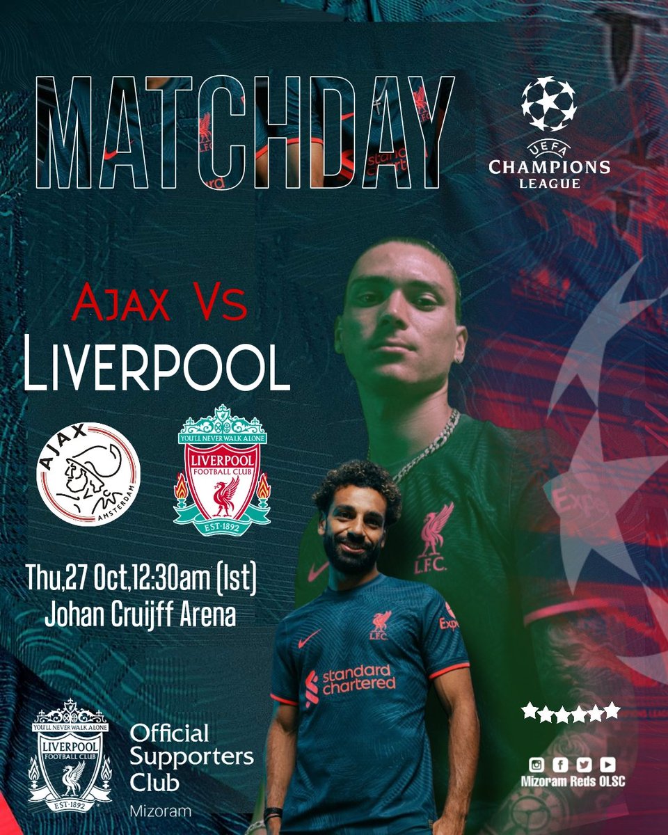 🔴 𝐌𝐀𝐓𝐂𝐇𝐃𝐀𝐘 ⚽ 🆚 @AFCAjax vs @LFC 🏆 UCL Gr A - Round 5 🗓️ Thu, 27 Oct 2022 🕠 12 : 30 AM (IST) 🏟️ Johan Cruijff Arena, Amsterdam, ⛳️ REFEREE : 🇪🇸 Jose Sanchez 📺 JioTV, SonyLIV, Sony Ten 1 Sd & Hd 📲 #AJALIV #ChampionsLeague #UCL #LFC #YNWA #WalkOn