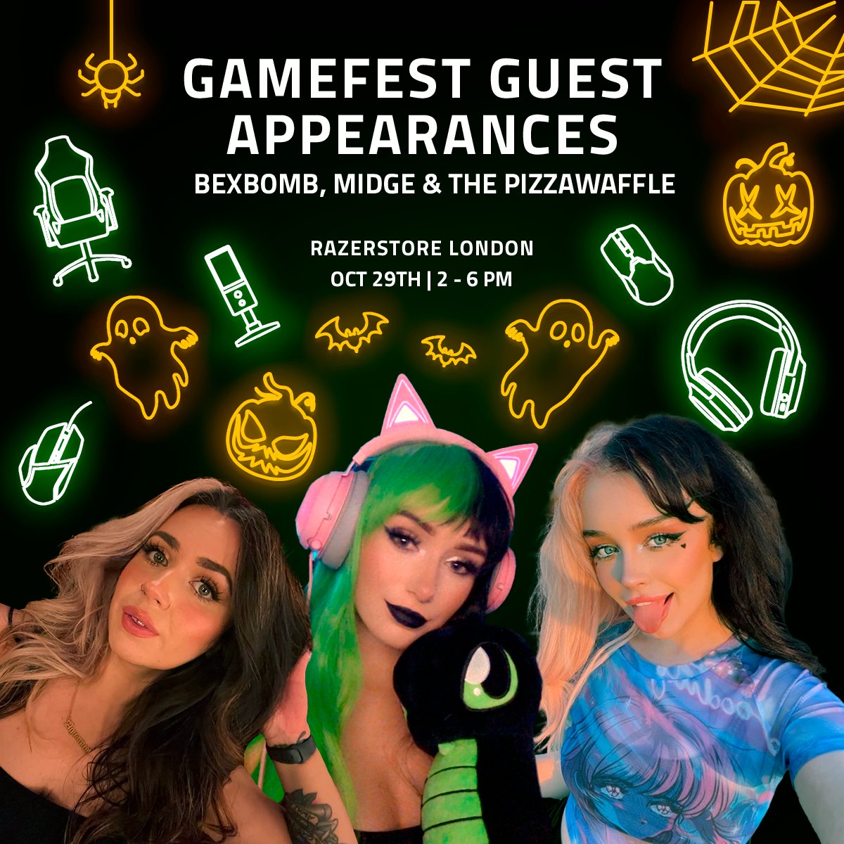 Meet our special guests!🌟 We'd like to introduce some INCREDIBLE creators attending our London #RazerStoreGameFest! 👤@bex_bomb 👤@midgegee 👤@thepizzawaffle Make sure you get down to meet some amazing creators and a fun-filled day of gaming! Sign up rzr.to/GameFestLondon…