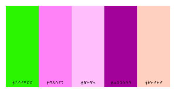 ColPaletteBot's tweet photo. Beep beep, here's a pretty color palette for you!
color-scheme.js parameters used:
- hue: 168
- variation: default
- colors: #29f500, #ff80f7, #ffbffb, #a30099, #ffcfbf
Have a lovely day!
#twitterbot #colorpalette #colors #palette #prettycolors https://t.co/fmaZvOZtYi