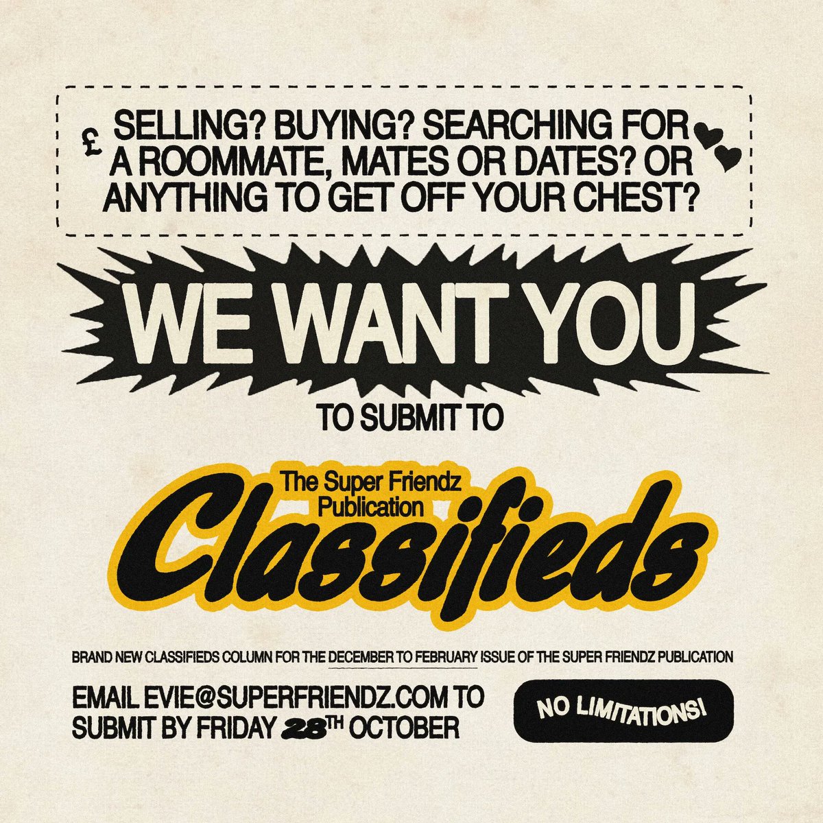 !! Super Friendz wants you !! There's still a little time to submit to @superfriendzlds brand new classifieds feature for their December - February issue Submit anything your heart desires and you might just make it into the next issue!