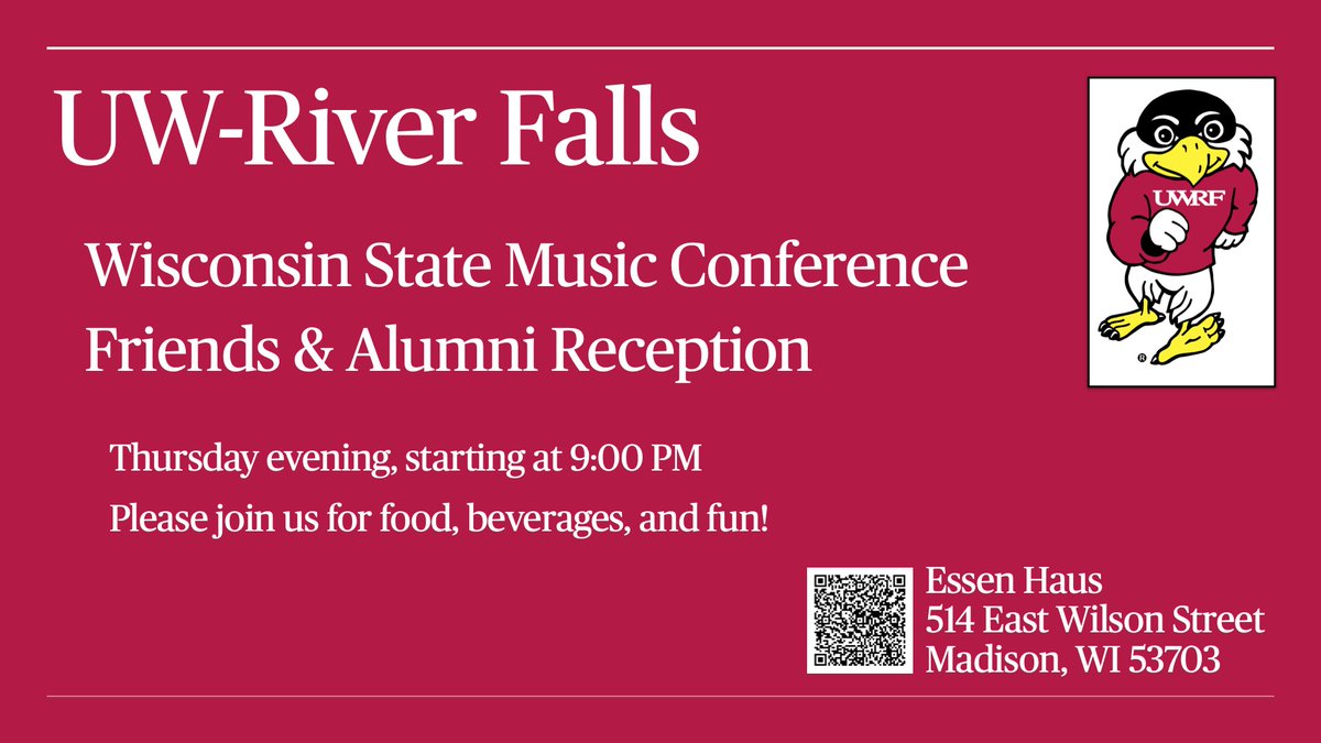 UWRFMusicEd's tweet photo. It's time for the Wisconsin State Music Conference!!! 

We can't wait to see you. Please stop by our UW-River Falls booth (903) in the Exhibit Hall - and  join us on Thursday evening at the Essen Haus for our Friends &amp; Alumni Reception.

See you soon! https://t.co/Xs5XUBHTVb