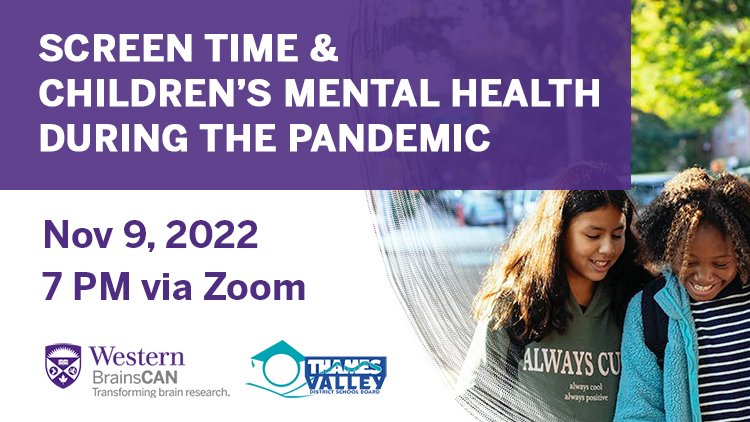 Brains_CAN's tweet photo. How much screen time is too much? What does this mean for children’s mental health? Join #WesternU's Dr. Emma Duerden and @TVDSB's @kathrynAlambert as they tackle these questions and more.

Nov 9 @ 7pm via Zoom: https://t.co/VpEw82aJIG

@westernuEdu @londonlibrary @westernuSocSci https://t.co/5s16xaNZOX