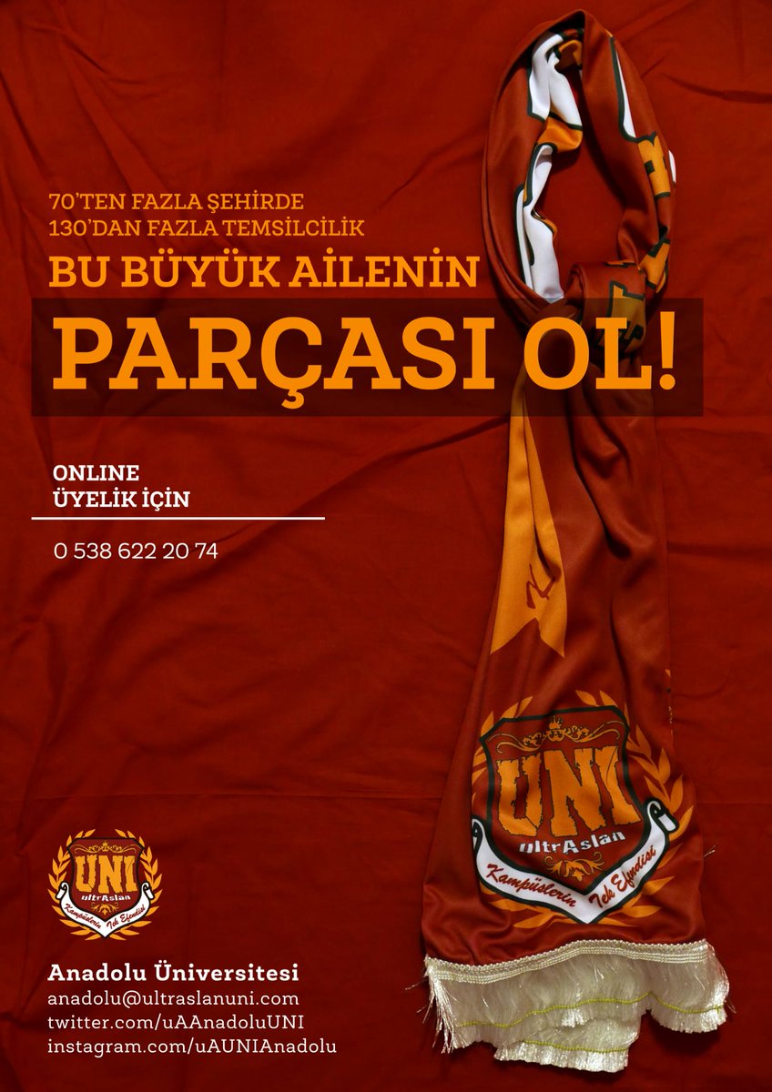 SENDE BU BÜYÜK AİLENİN PARÇASI OL!
Aramıza katılmak isteyen tüm Galatasaray sevdalısı arkadaşlarımız belirtilen numara ile iletişime geçebilir.
#ultrAslanUNI #uAUNIAnadolu