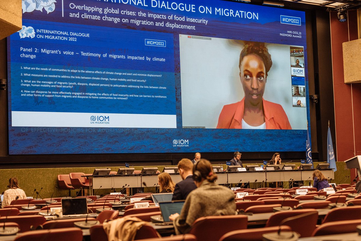 IOM_MECC's tweet photo. At #IDM2022, @KobusingeRose1 highlighted:
 🔷Climate issue is a humanitarian crisis, but also a disproportionate one in terms of who it affects 
🔷Young people, migrants and diaspora have solutions but they need more capacity building and meaningful inclusion in decision-making https://t.co/jm9NzpiGUT