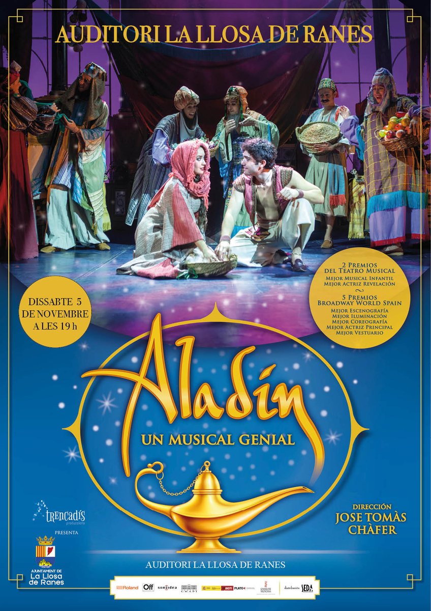 🎭 🎶  Arriva a la Llosa de Ranes un dels musicals més famosos, "Aladín, un musical genial". 📍L’espectacle es representarà a l'auditori municipal el dissabte 5 de novembre, a les 19 h. És la combinació perfecta entre la màgia del conte i l'espectacularitat del musical.