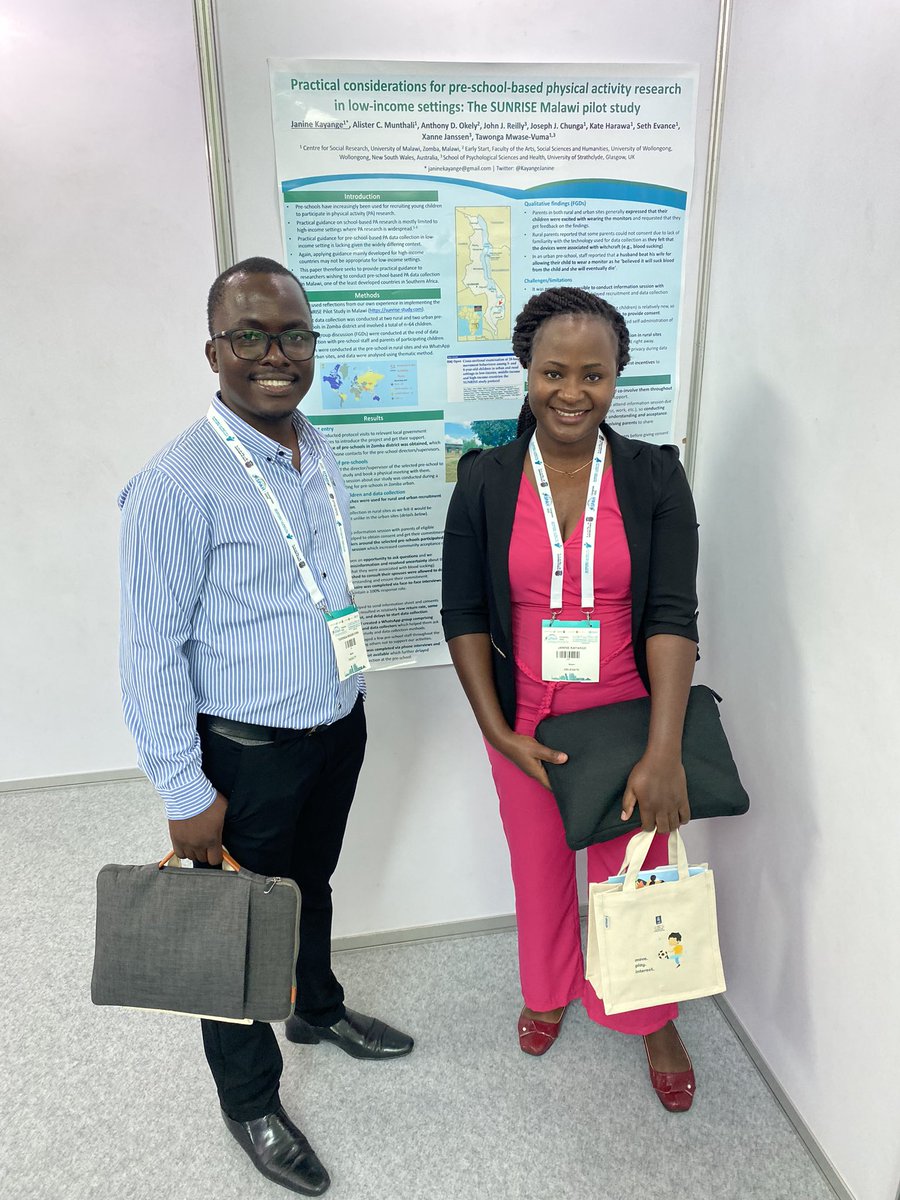 Congratulations to <a href="/taomwase/">Tawonga Mwase-Vuma</a> <a href="/KayangeJanine/">JanineKay</a> who received ECR nominations for most innovative LMIC presentation &amp; best poster at <a href="/ISPAH/">ISPAH</a> 2022 Congress! <a href="/MalawiStudy/">Sunrise Malawi Study</a> #SUNRISEStudy #movementbehaviours #makeeverymovecount