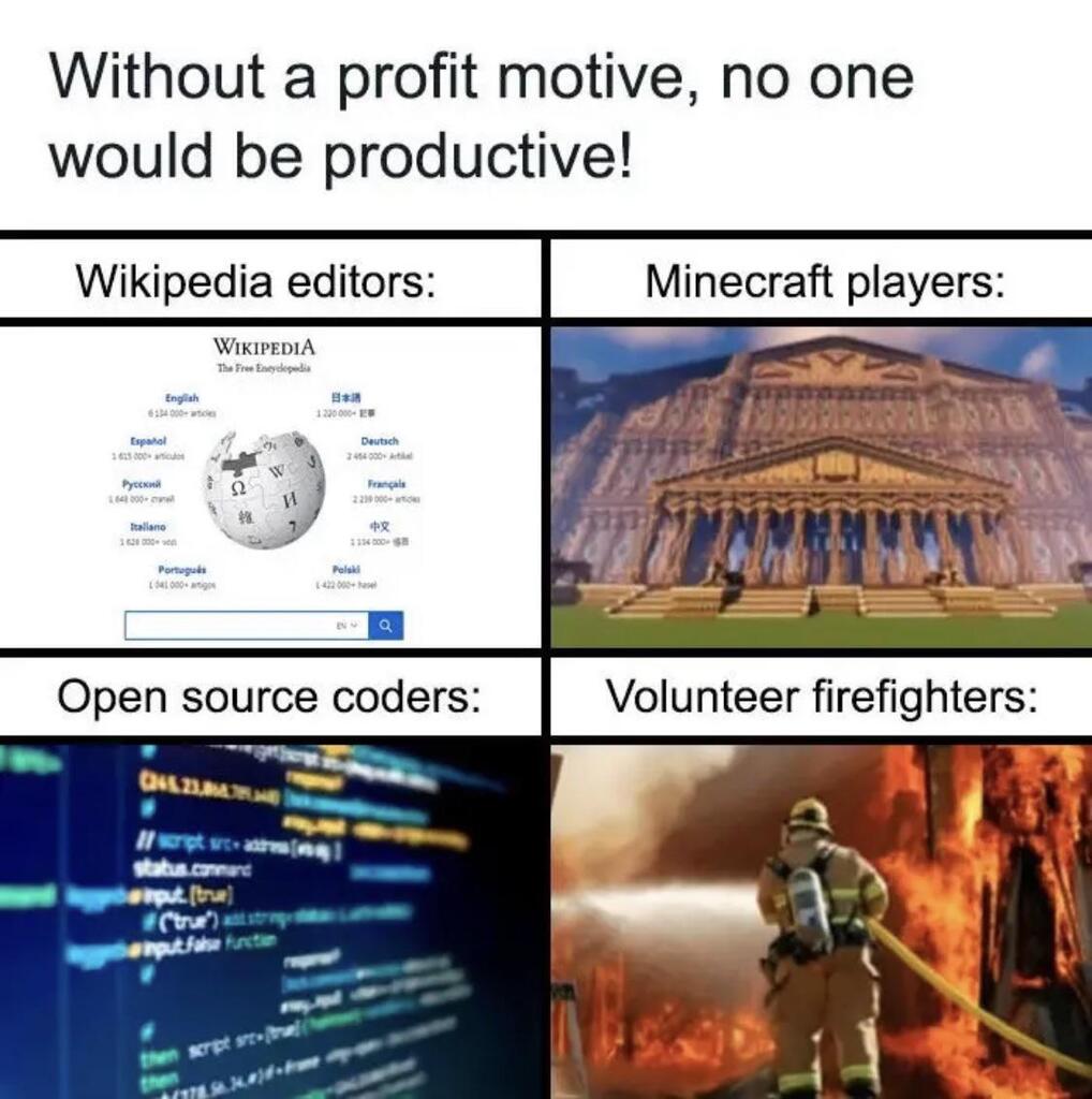 Capitalists will never understand concepts such as working for the greater good, being part of a creative community, helping a fellow human, or doing what's morally right, because they are misanthropic, opportunistic, selfish, amoral beings.