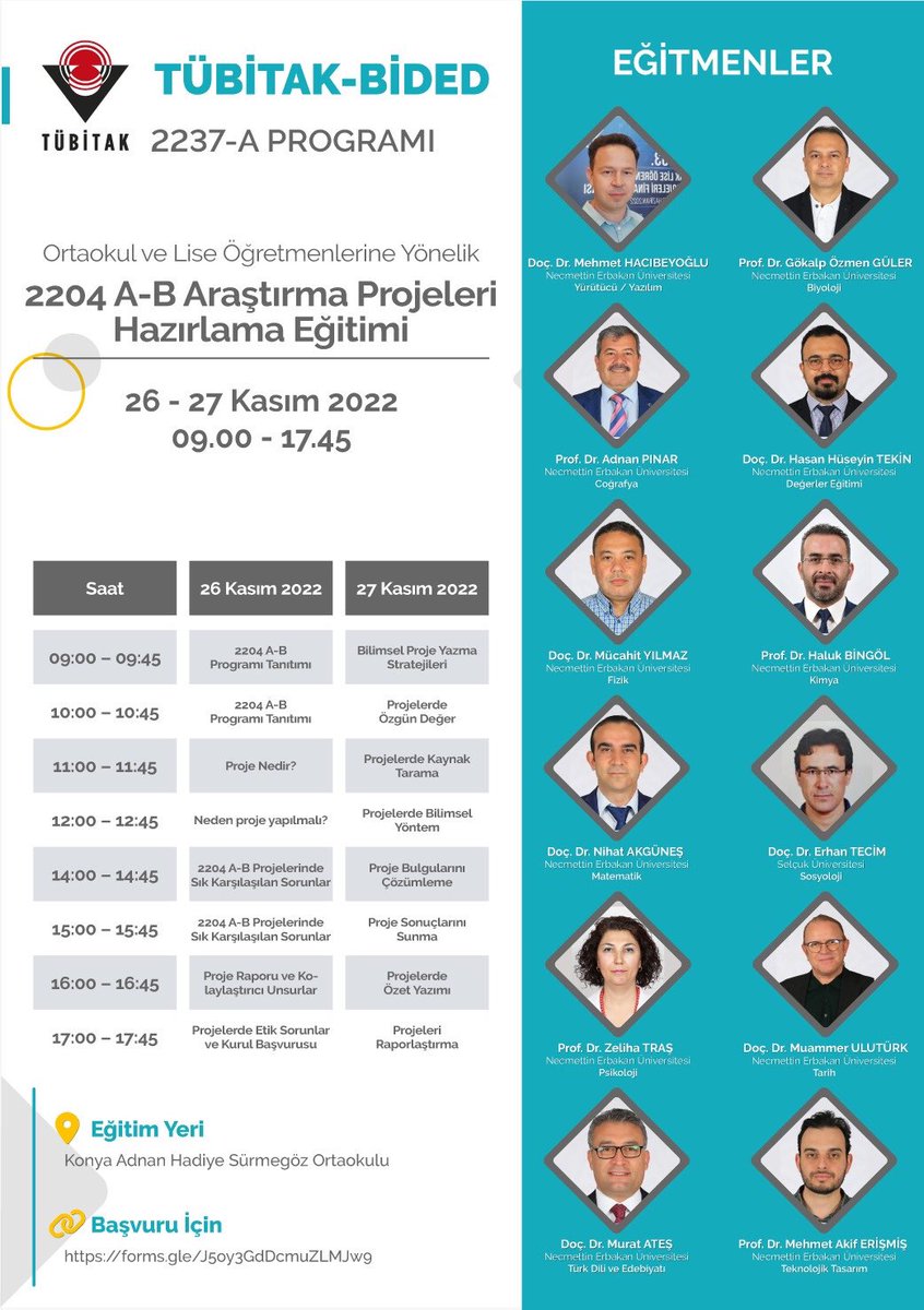 konyamem's tweet photo. Ortaokul ve Lise Öğretmenlerine Yönelik TÜBİTAK 2204 A-B Araştırma Projeleri Hazırlama Eğitimi 26-27 Kasım 2022 tarihlerinde gerçekleştirilecektir. Öğretmenlerimiz bağlantıdan başvuru yapabilirler. 
Son Başvuru:13 Kasım 2022
🔗https://t.co/5e7Vz2KAm7

@tcmeb
@gokhanmurat1 https://t.co/ymZGcrfCfi