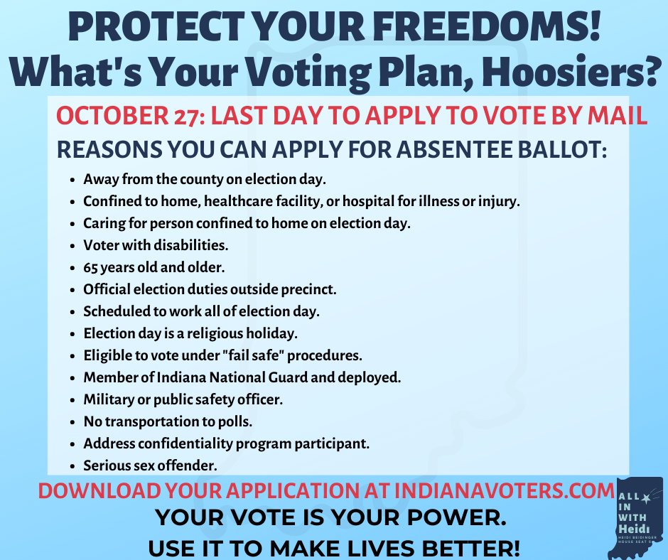 HeidiforIndiana's tweet photo. Absentee ballot requests are due in 2 days! If you're going to vote absentee, please make sure you've gotten your request in. If you have your ballot, please make sure you turn that in asap! https://t.co/HXpN7yxiHq