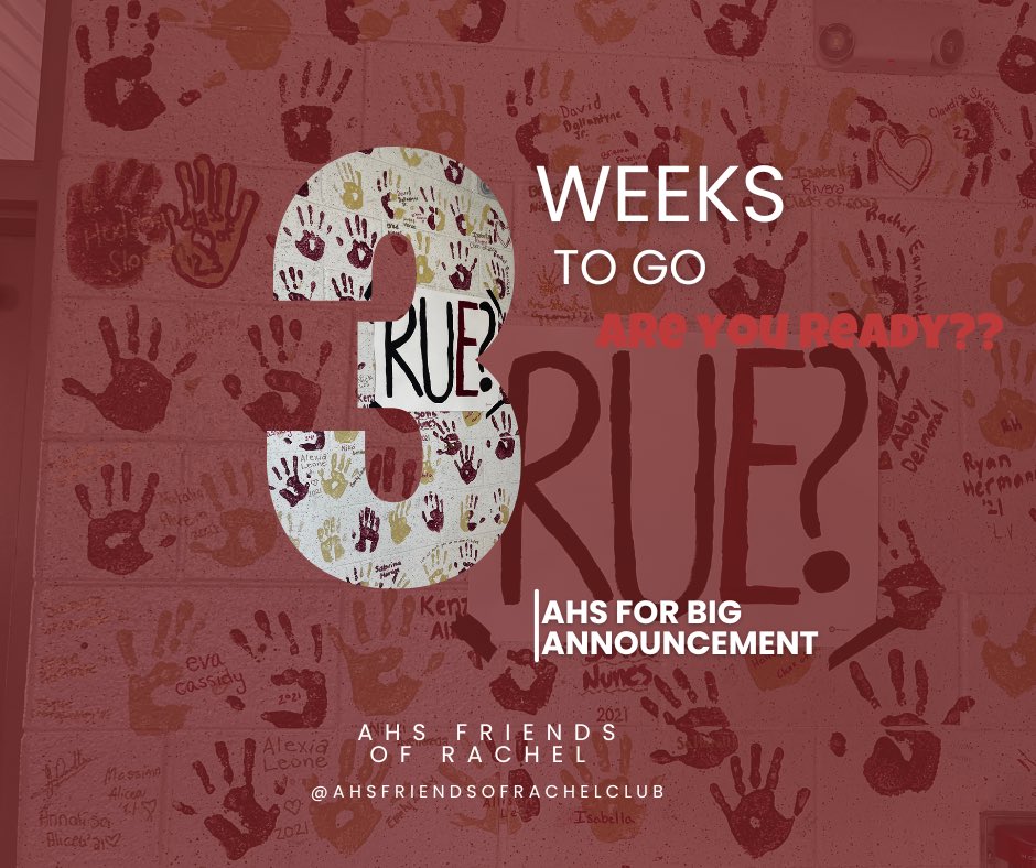 AHS_FOR's tweet photo. 3 weeks until our big event!
Are you ready? Well get ready because it's going to fun! #rachelschallenge #startachainreaction https://t.co/m0xyjO7VMj
