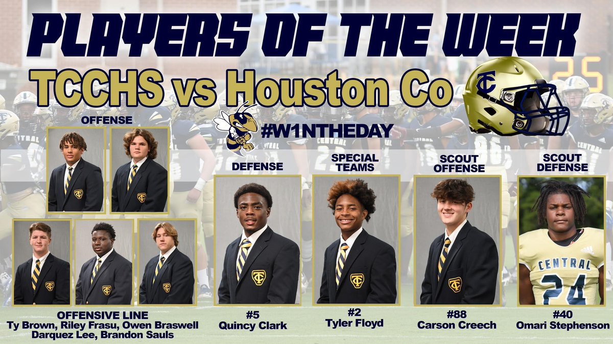 Congratulations to our Players of the Week from the Houston County game. Way to play, Jackets!
 #theJacketWay #tcchsfootball #W1NTHEDAY #drivefor6 #thecounty