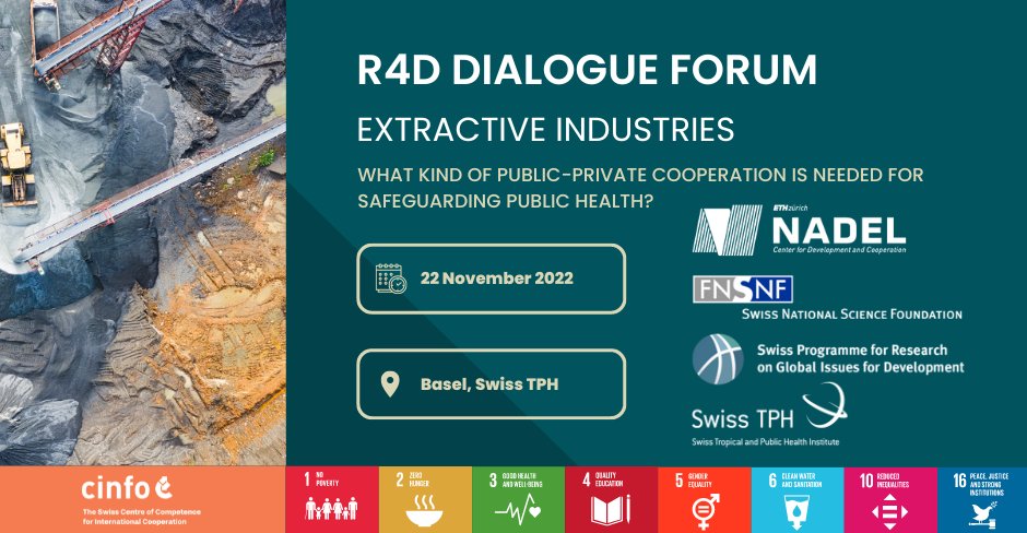 SwissTPH's tweet photo. 📢Join the r4d Dialogue Forum to discuss how public-private partnerships can be strengthened to safeguard public health near extraction sites.

📆 22 November
🕑 14:00-18:00
📍 At Swiss TPH &amp; online

Full programme &amp; registration: https://t.co/YA6WA0QDfi https://t.co/VbYLmv9mth