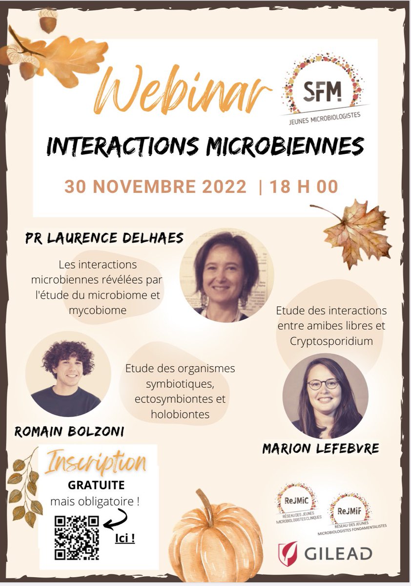 Section Des Jeunes Microbiologistes de la SFM (@sfm_jm) on Twitter photo 📢 Ne ratez pas notre prochain webinar organisé par la <a href="/sfm_jm/">Section Des Jeunes Microbiologistes de la SFM</a> ReJMiC/ReJMiF 📣 Il s'intitule "INTERACTIONS MICROBIENNES" et se déroulera le mercredi 30 Novembre 2022 à 18h 🦠🔬🧬
Les inscriptions sont gratuites mais obligatoires (app.livestorm.co/sfm-microbiolo…, QR code sur l’affiche) 📢 Ne ratez pas notre prochain webinar organisé par la <a href="/sfm_jm/">Section Des Jeunes Microbiologistes de la SFM</a> ReJMiC/ReJMiF 📣 Il s'intitule "INTERACTIONS MICROBIENNES" et se déroulera le mercredi 30 Novembre 2022 à 18h 🦠🔬🧬
Les inscriptions sont gratuites mais obligatoires (app.livestorm.co/sfm-microbiolo…, QR code sur l’affiche)