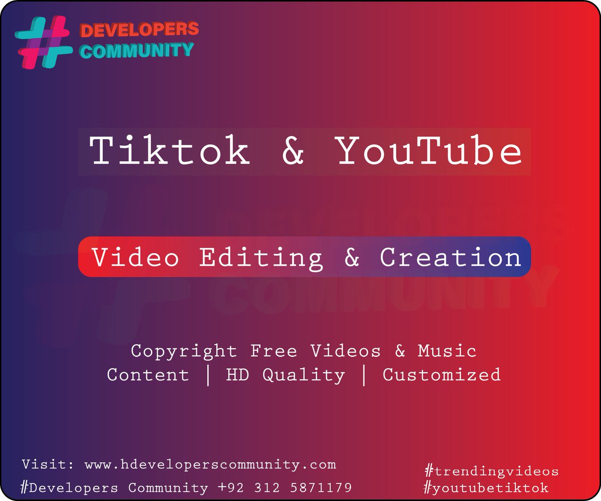 ProAdvertiseme's tweet photo. Tiktok &amp; YouTube Video Editing and Creation 

No Copyright 
HD Quality 
Innovative 
Attractive 

Contact for more details:
 *+92 312 58 71179*
(SMS, Call or Whatsapp)

#tiktokvideos
#youtubevideos
#foryou
#videoediting

🌎International https://t.co/NQ1HHaTE9f
