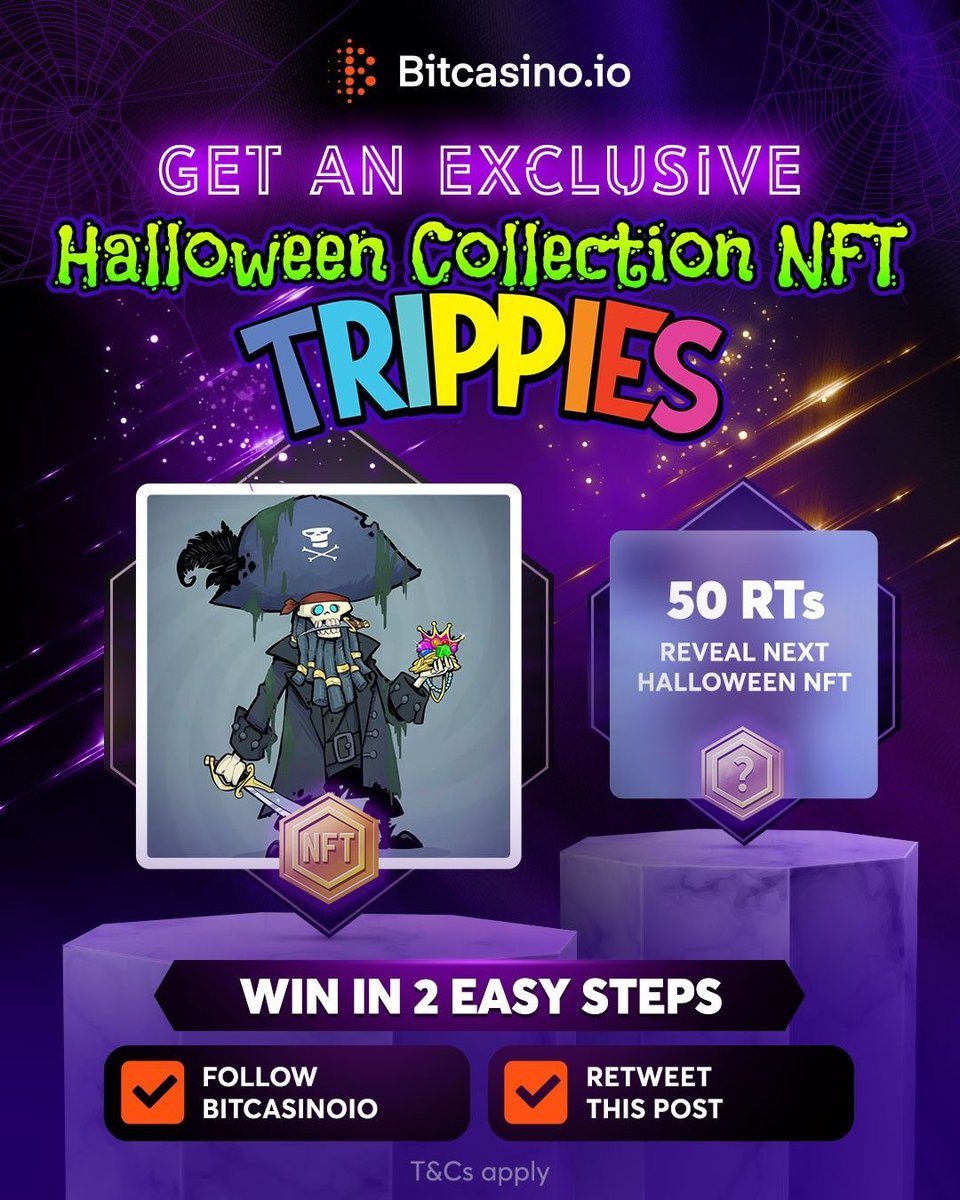 Bitcasinoio's tweet photo. 🎃 #Halloween Special #NFTGiveaway #2 🎃 

We're giving away @trippies NFTs! Floor Price: 0.03 ETH each  

To win 👇

☑️ Follow @Bitcasinoio (This is KEY)
🔃 Retweet this post 

💡50 RTs reveal the next NFT 😉

T&amp;Cs: https://t.co/lWPCqqD1GX

#NFTCommunity #Halloween2022 #NFTs https://t.co/dhMTWYklfj