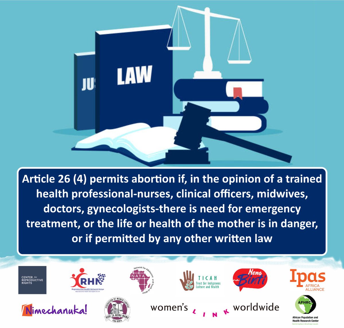 Article 26 (4) of the Constitution of #Kenya permits abortion on the following grounds: 🚑 there is need for emergency treatment ⚠️ the life or health of the mother is in danger ⚖️ if permitted by any other written law #DefendHerRightsKE