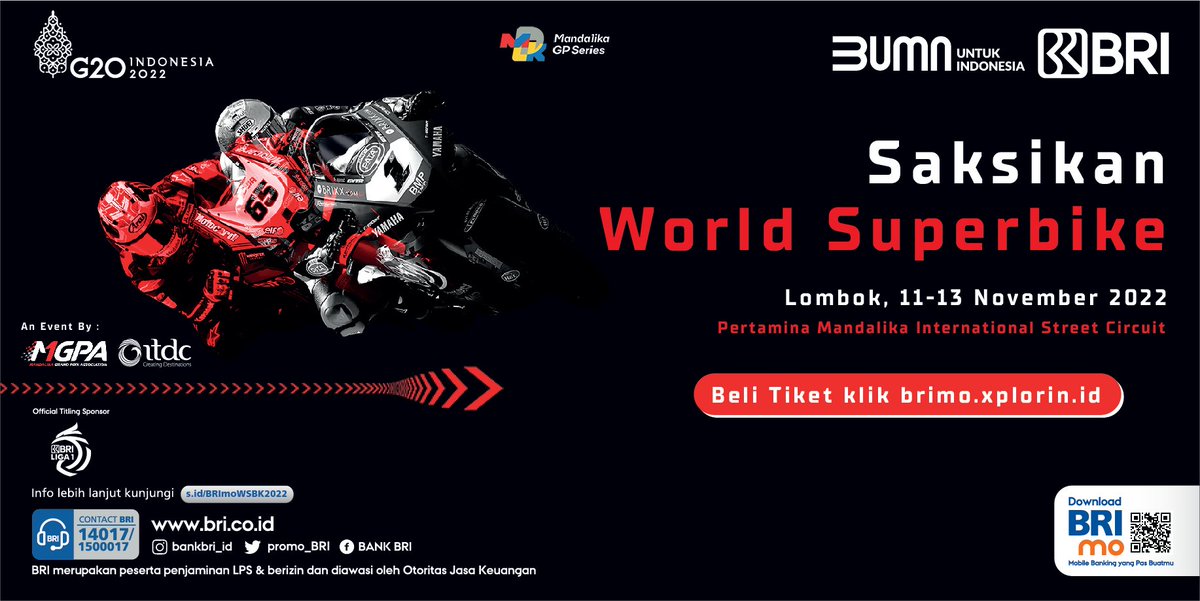 promo_BRI's tweet photo. Sobat BRI,

Siapa nih yang belum beli tiket WSBK 2022 @worldsbk? buruan beli melalui link/ https://t.co/wHlOmSrJD3 
.
Jangan sampe kelewatan sobat, sampai ketemu di Mandalika! @themandalika
.
Untuk info lebih lanjut kunjungi:https://t.co/bSlrzjKS0p
.
#BRI #BRImo #SemuaPakeBRImo https://t.co/uUtrBUyOX3