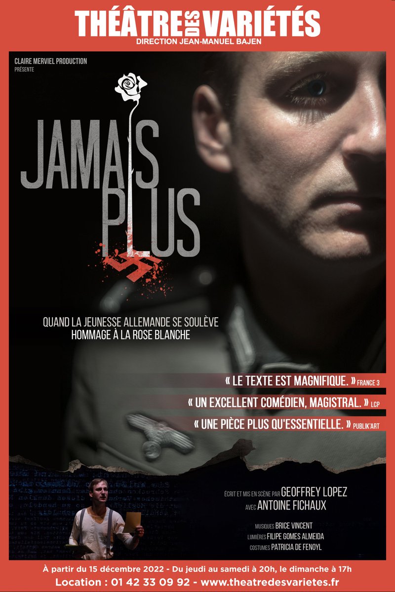 JamaisPlusTh's tweet photo. 🥳 Grande nouvelle ! 🤩
𝐽𝑎𝑚𝑎𝑖𝑠 𝑃𝑙𝑢𝑠 sera 𝐝𝐞 𝐫𝐞𝐭𝐨𝐮𝐫 𝐚̀ 𝐏𝐚𝐫𝐢𝐬 à partir du 15 décembre au @theatrevarietes. 
Afin que l'histoire de ces jeunes allemands qui se sont soulevés puisse continuer à exister. 
🎫👉 https://t.co/HOwo2iji3K https://t.co/4UlkcUunaC