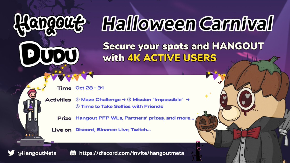 dudulabNFT's tweet photo. Guys! This is DUDU! 🐻

Halloween is coming and @HangoutMeta said to take me to a Halloween carnival ! 🎃

I will go to a new world - "Blockchain 2D parallel metaverse" to play with you guys. 👻

Enter➡️https://t.co/s7mSWh9VgB🎁

Remember to come play with me! Trick or Treat!🍬 https://t.co/VPPzcfD0Ub