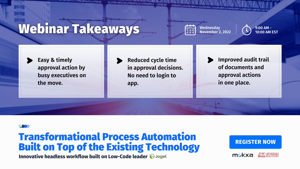 Nov 2, at 9.00 am EST.

Do not miss this #webinar where our industry experts will demonstrate how easy it is to #transform and #automate your business processes on top of existing #technology - using #LowCode #NoCode leader <a href="/jogetworkflow/">Joget, Inc.</a>.

Register now @ bit.ly/3CBNUXt