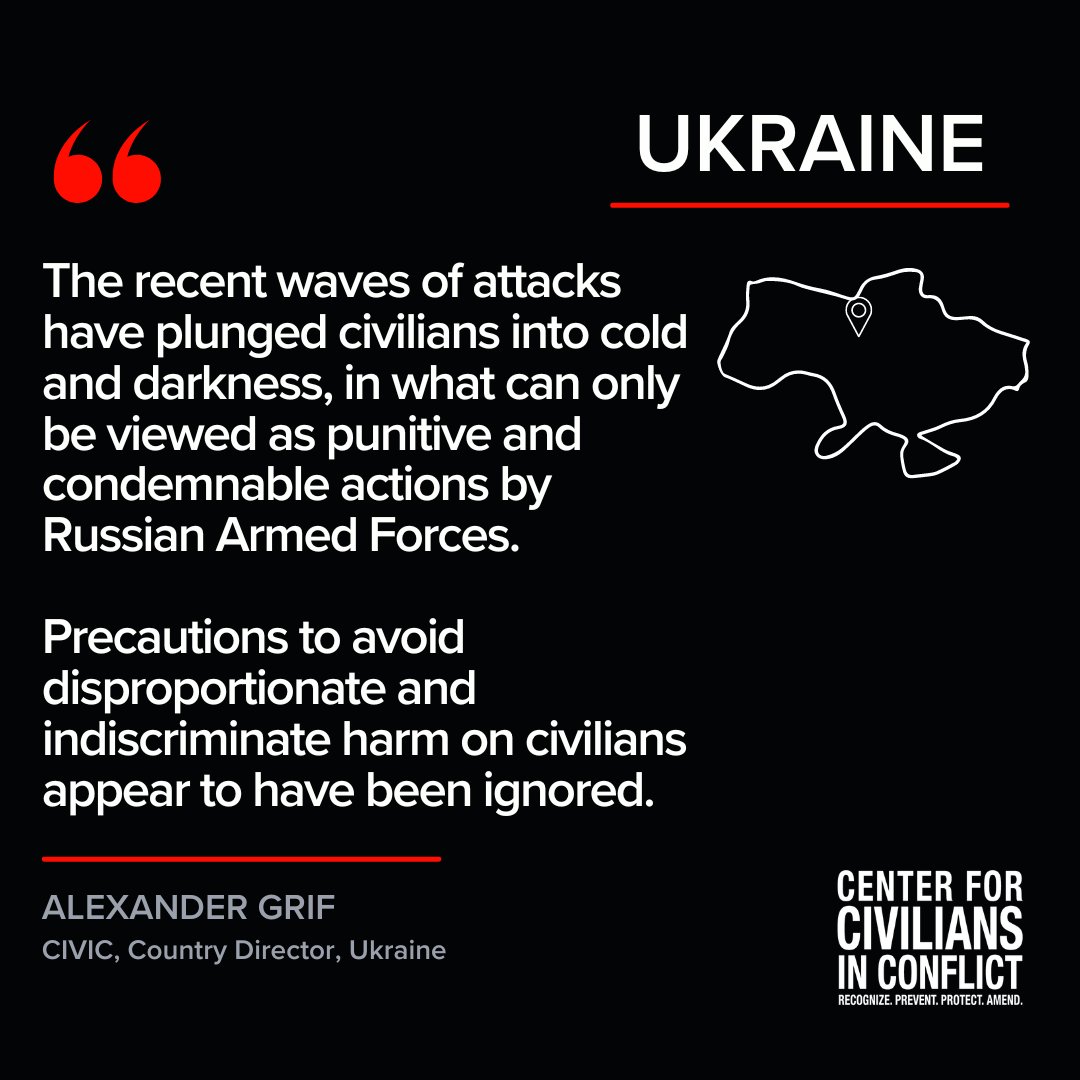CivCenter's tweet image. CIVIC calls for an immediate end to Russian attacks targeting key infrastructure, &amp;amp; which have had already dire consequences on access to electricity, gas &amp;amp; water for around 1.5M people. 

Full statement by our Country Director in #Ukraine @GrifAlexander: bit.ly/3gMM65D