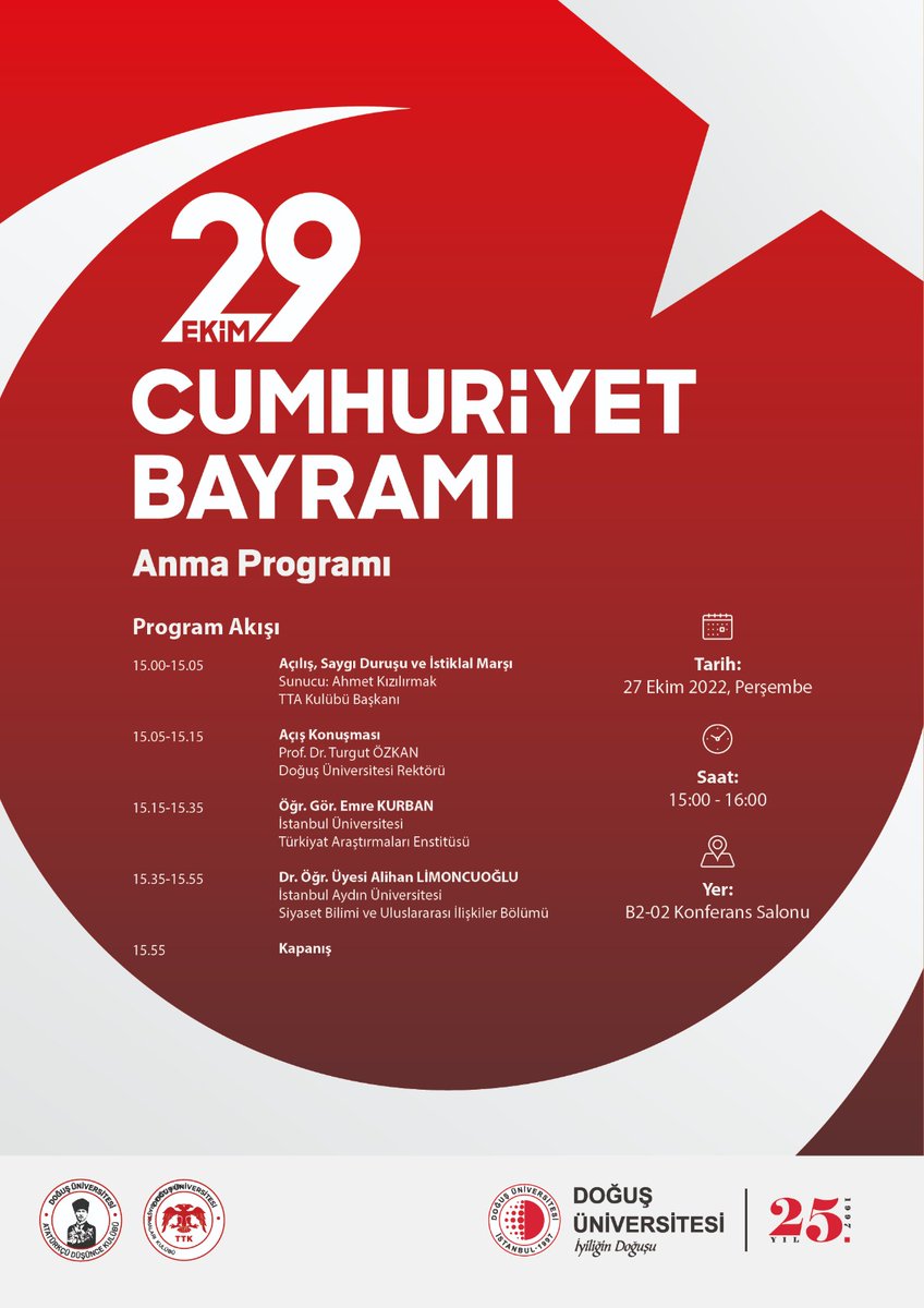 Yarın <a href="/DogusUniv/">Doğuş Üniversitesi (DOU)</a> 'de Cumhuriyetimizi konuşup, ülkemizin doğumgününü kutlayacağız. <a href="/AlihanLimoncuo/">Alihan Limoncuoğlu</a>