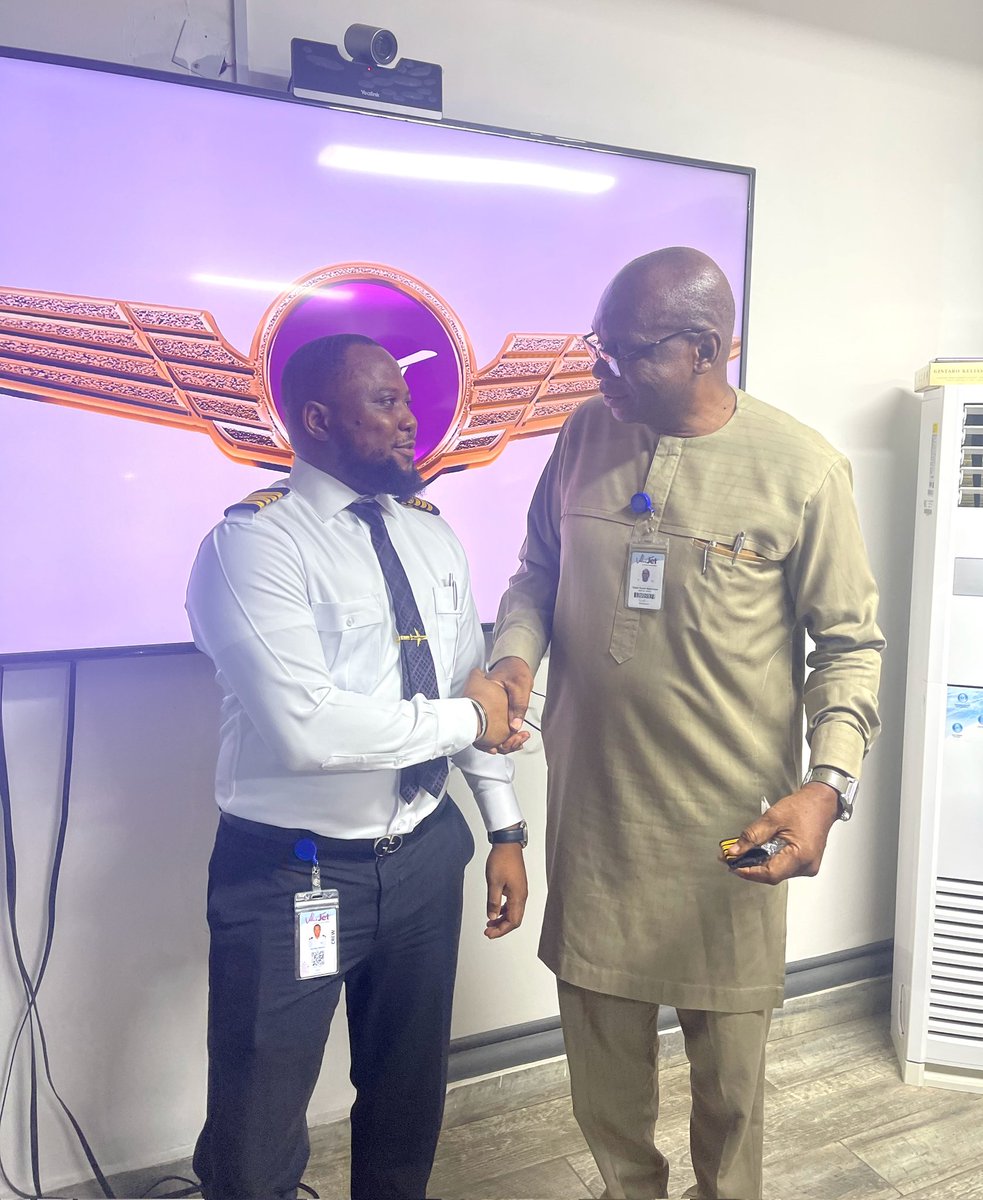 ChidozieMario's tweet photo. Congratulations to Africa's newest Captains, Feyisayo Bisiriya and Stanley Balami of @flyvaluejet. The latest captains were decorated yesterday at the airline's corporate office in Lagos. They are both on the CRJ-900 fleet. We wish them clear skies always. #4Bars #FlyValueJet https://t.co/TLRisH5PDl