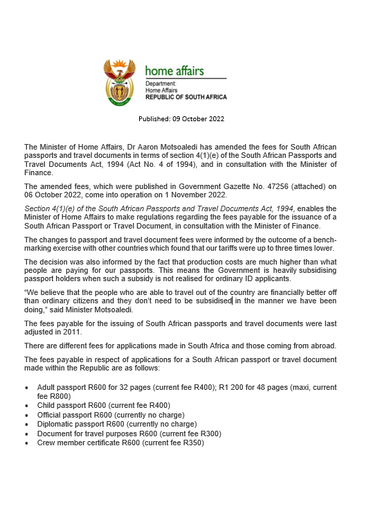HomeAffairsSA's tweet photo. [STATEMENT] Minister Aaron Motsoaledi approves new fees for #passports and travel documents https://t.co/cemect1Okr