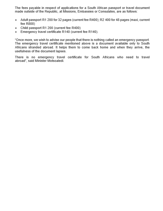 [STATEMENT] Minister Aaron Motsoaledi approves new fees for #passports and travel documents