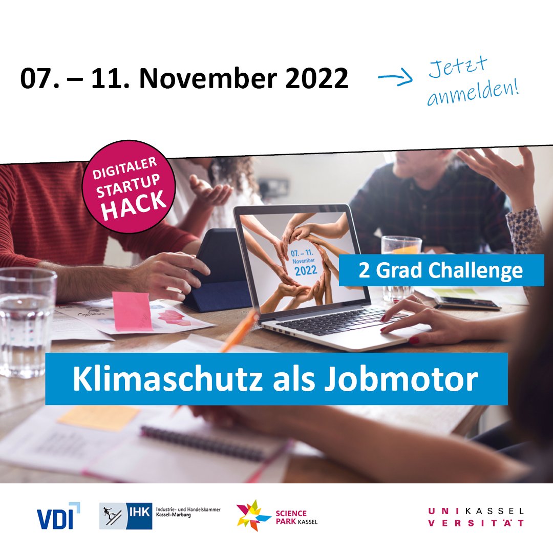 uni_kassel's tweet photo. Studierende, Doktoranden & Young Professionals können beim Digitalen #StartupHack "2 Grad Challenge - Klimaschutz als Jobmotor" in einer Woche aus einer nachhaltigen Idee ein Geschäftsmodell entwickeln 💡 Sei dabei: https://t.co/l6O5Ecm5S5 https://t.co/FBDBKGJkOi