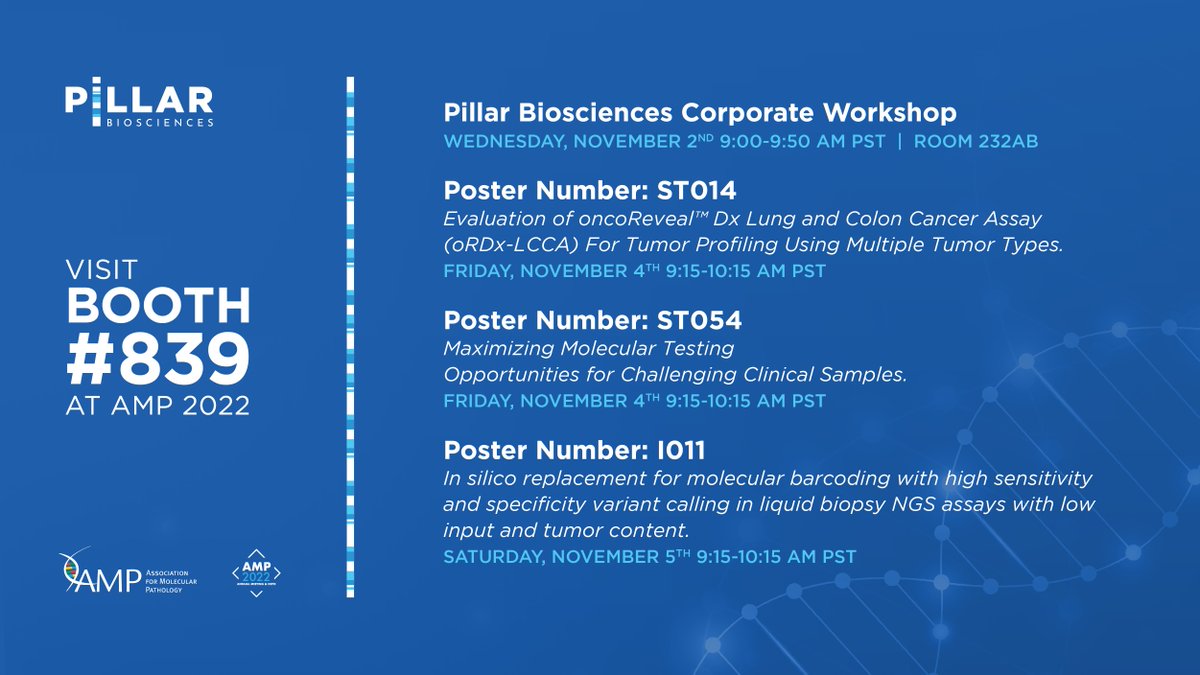 Pillar_Bio's tweet photo. Join us #AMPath2022, where we’re presenting scientific data on our SLIMamp® technology and holding a corporate workshop to discuss how Pan-Cancer #NGS testing can help pathologists and oncologists obtain reliable and rapid clinical results. Register here: https://t.co/BbbMdyyfmq https://t.co/KysJp0aK8G