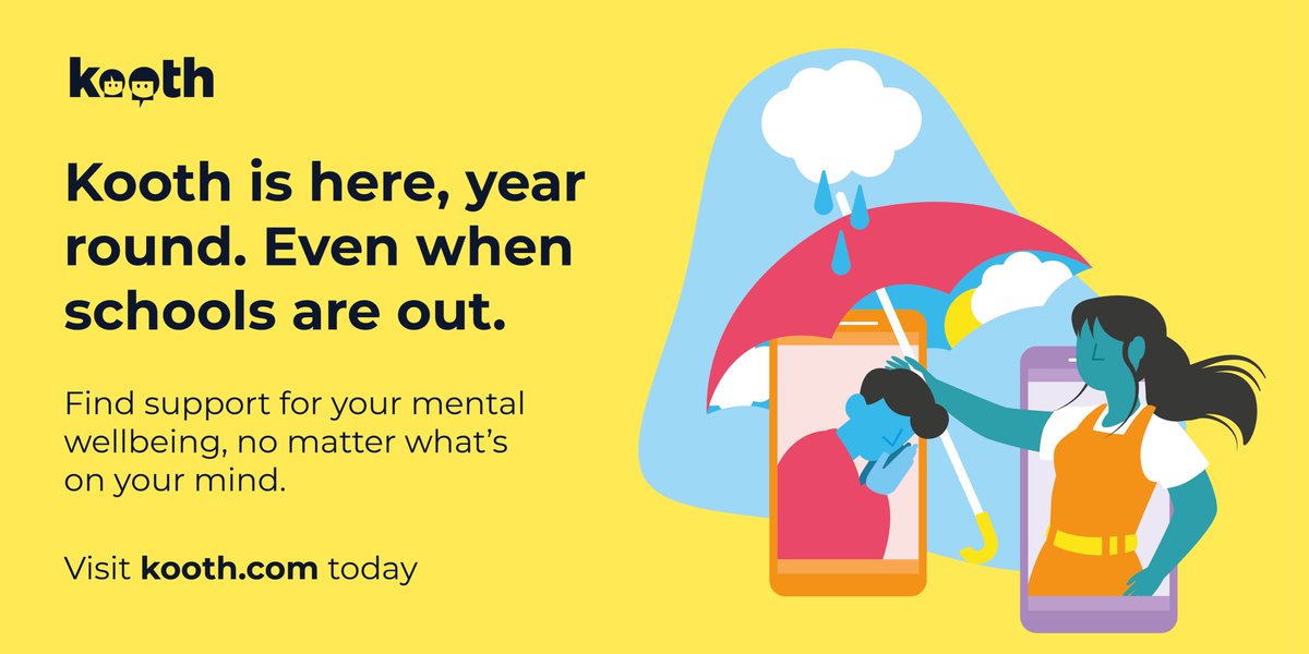 You can still access free, safe and anonymous mental health support on Kooth during the half term break. 

Find support through:
- Live chat
- Messaging
- Forums
- Podcasts
- Self help

Go to Kooth.com to get started💛

#HalfTerm #MentalHealthMatters