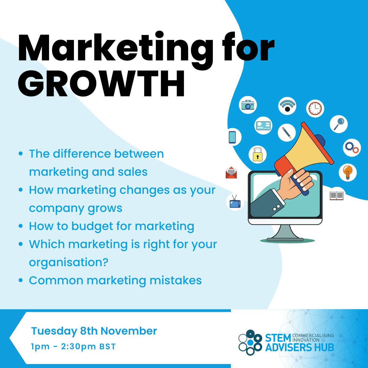 When your business is growing, it's important that your marketing changes to reflect the new phase of your company. 

Join us: eventbrite.co.uk/e/stem-adviser…

#stem #marketing #business #growth
#marketingadvice