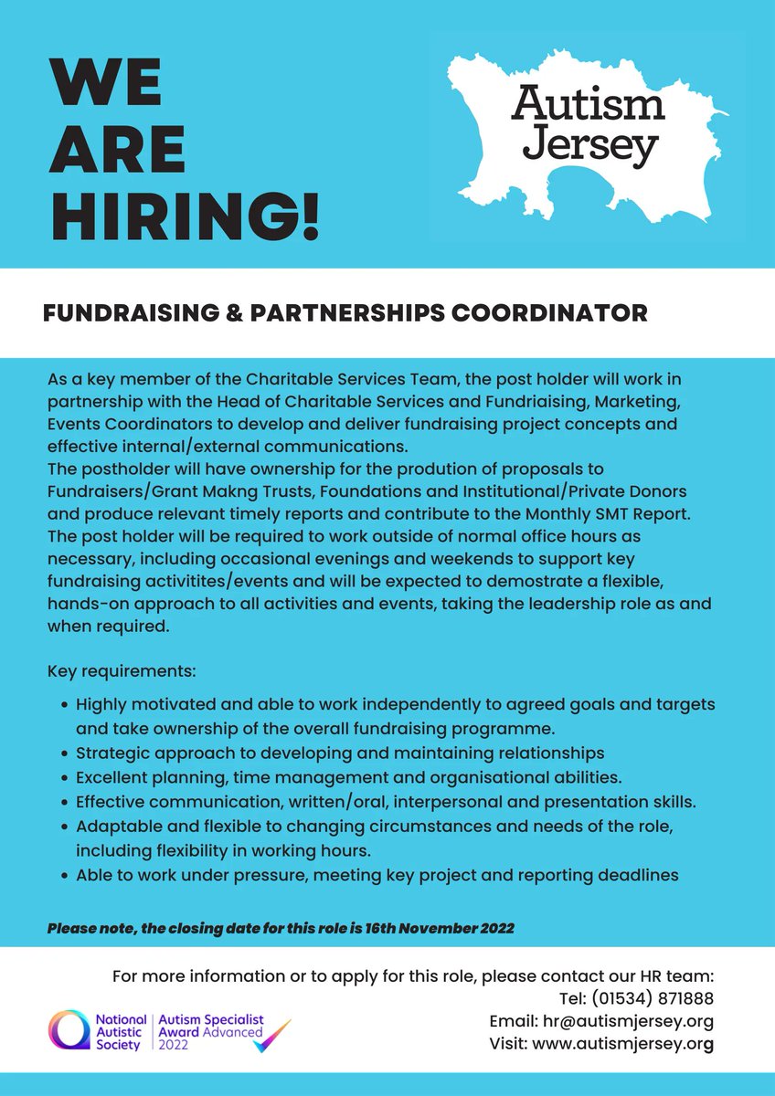 AutismJersey's tweet photo. If you are interested in joining our team, please contact our HR department for more information and/or an application form 💙 

#fundraising #charity #autism #partnerships #teamwork #jobsinjersey #workforacause https://t.co/P8lVO7Z4P0