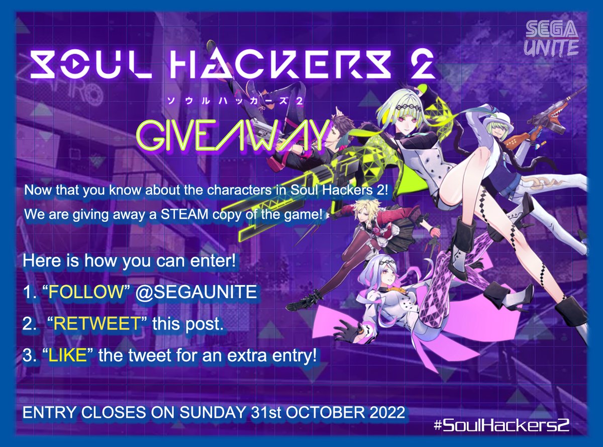 Calling all #Atlus fans! Now that you know about the characters in #SoulHackers2, we are doing a #giveaway a #STEAM version of the game for you to play! 1. Follow 👉 @SegaUnite 2. Retweet🔁 3. Like ♥️ this tweet for an extra entry! Thankies @SEGA for providing the game!