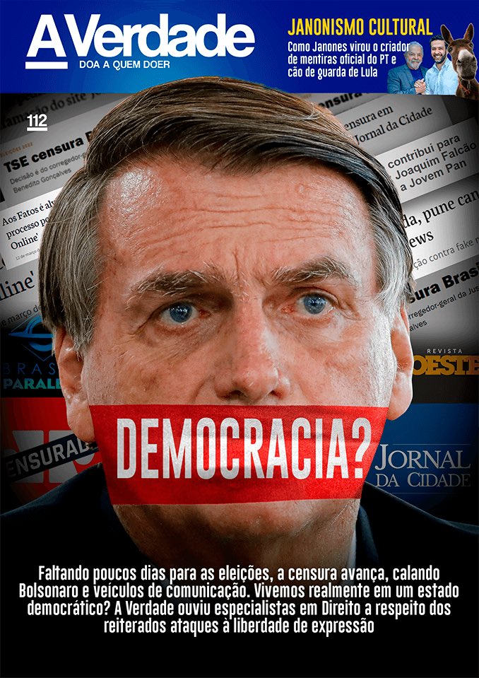 RevistaVerdade's tweet photo. Chega a nova Revista A Verdade e a pergunta que passa na cabeça do brasileiro é: “Ainda vivemos em uma democracia?” Censura, censura e censura. Assine o @JornalDaCidadeO e apoie quem luta contra a censura https://t.co/uzFwRrItH6