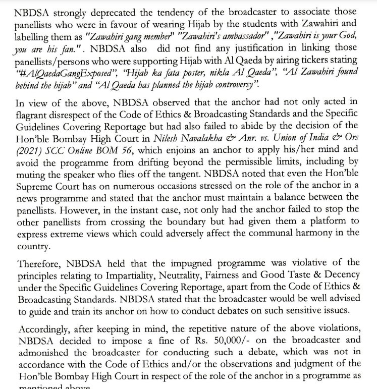 News Broadcasting & Digital Standards Authority imposes ₹50,000 fine on Ambani's channel News18 for its coverage of Karnataka hijab matter. Says anchor Aman Choora violated code of ethics by giving communal colour & linking panelists supporting hijab to Al-Qaeda. - @barandbench