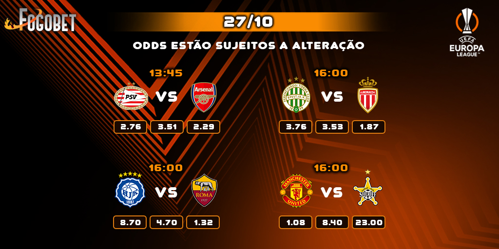 fogobet's tweet photo. A 𝐋𝐢𝐠𝐚 𝐄𝐮𝐫𝐨𝐩𝐚 continua e apresentamos-te todos os jogos desta semana.

🟠 PSV - Arsenal
🟠 Ferencvaros - Monaco
🟠 HJK - Roma
🟠Manchester United - Sheriff Tiraspol

#fogobet https://t.co/doKFj1hvXc