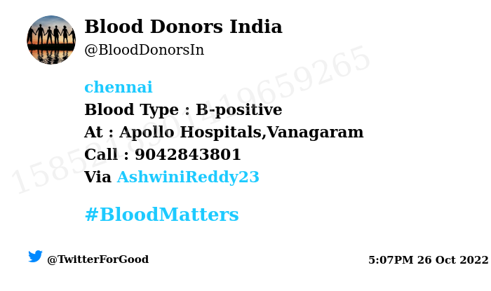 #SOS #Chennai Need #Blood Type : B-positive Number of Units : 2 Primary Number : 9042843801 Patient : Silambarasan Via: @AshwiniReddy23 #BloodMatters Powered by Twitter