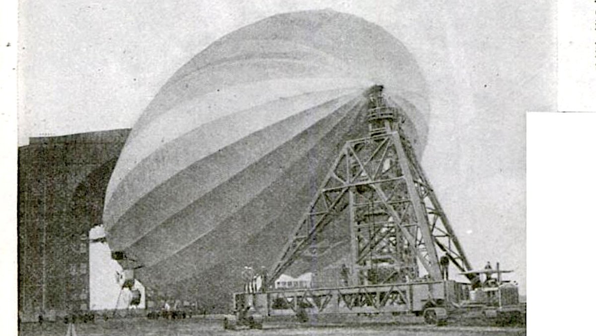 ZepDay's tweet photo. Airship being towed with moveable mast, 1930. Popular Science (GoogleBooks) https://t.co/3CSWDVaHDX