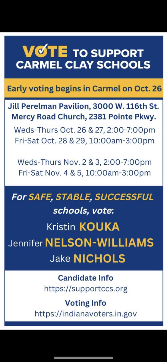 Good morning, Carmel!
Early voting at two Carmel locations begins today! Details below ⬇️