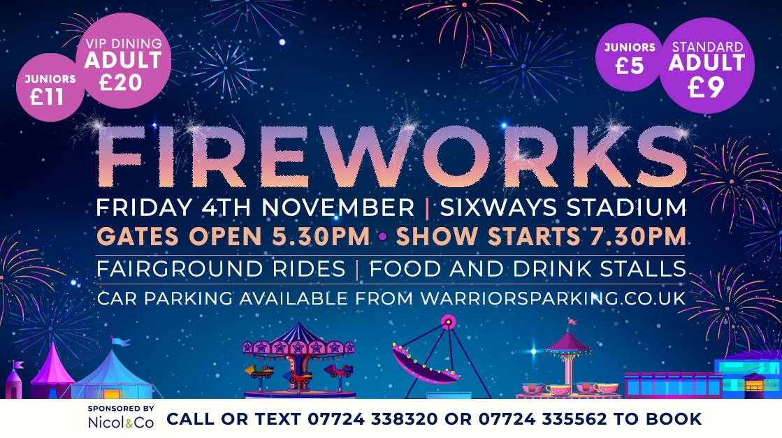 Our annual fireworks event is back at Sixways on Friday 4 November. With fairground rides, food stalls & entertainment for the whole family, this show is not to be missed! Gates open at 5.30pm with the fireworks display starting at 7.30pm 🎇 More info 👉warriors.co.uk/fireworks-nigh…