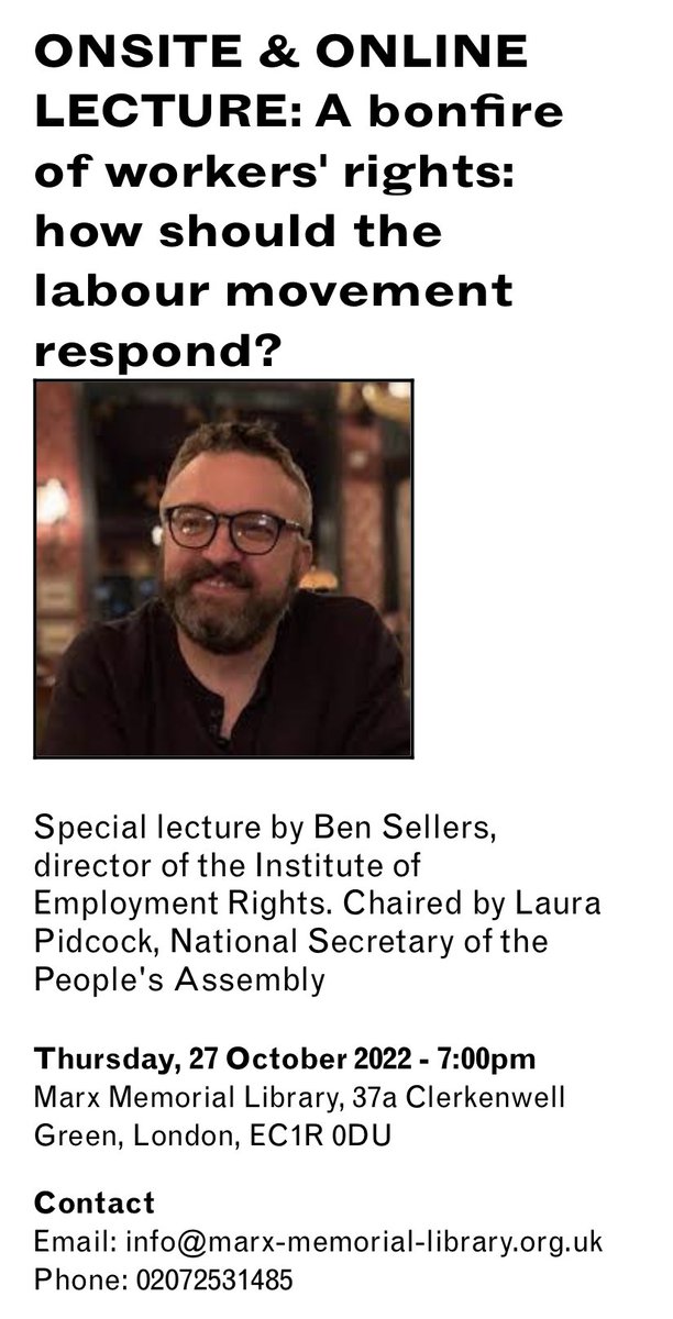 I’ll be at the @MarxLibrary in London tomorrow to talk about the bonfire of workers’ rights planned by the Govt & what we can do about it. I’ll be in conversation with @LauraPidcock, so it’s bound to be a good event. Starts at 7. Tickets here (online too): marx-memorial-library.org.uk/event/400