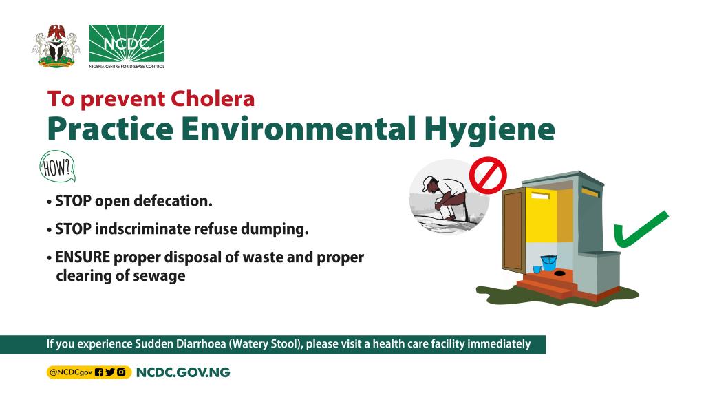 NCDCgov's tweet photo. A clean environment helps to prevent the spread of #cholera .

🚫Do not defecate in open areas
✅Only drink water from safe sources
✅Boil water before drinking 
✅Properly dispose garbage from your homes
✅Ensure proper clearing of sewage https://t.co/sOZ1VOIn72