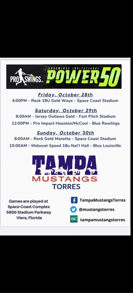 Here is our schedule for the Pro Swings Power 50! Can’t wait to be back out with my girls! Let go mustangs!! #2024grad @TMTStangs @mustangstorres @Pitt_SB @MattStew13 @biankabell27 @CoachHerm @OleMissSoftball @rykerzc #spinnyrebs @LibertySB @coachkfagan @BaynesCoach @UWFSoftball