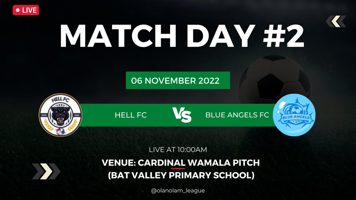 HellFcOlam's tweet photo. With Gameweek #2 just around the corner, our next match is against #Blue_Angels who equally had a great start to the season, will the Angels be arrested or will Hell break loose?
Join us on 6th November at #BatVallayPlayGrounds to know how this will end.
We are #OlanOlamLeague https://t.co/IfmFEmKLUF