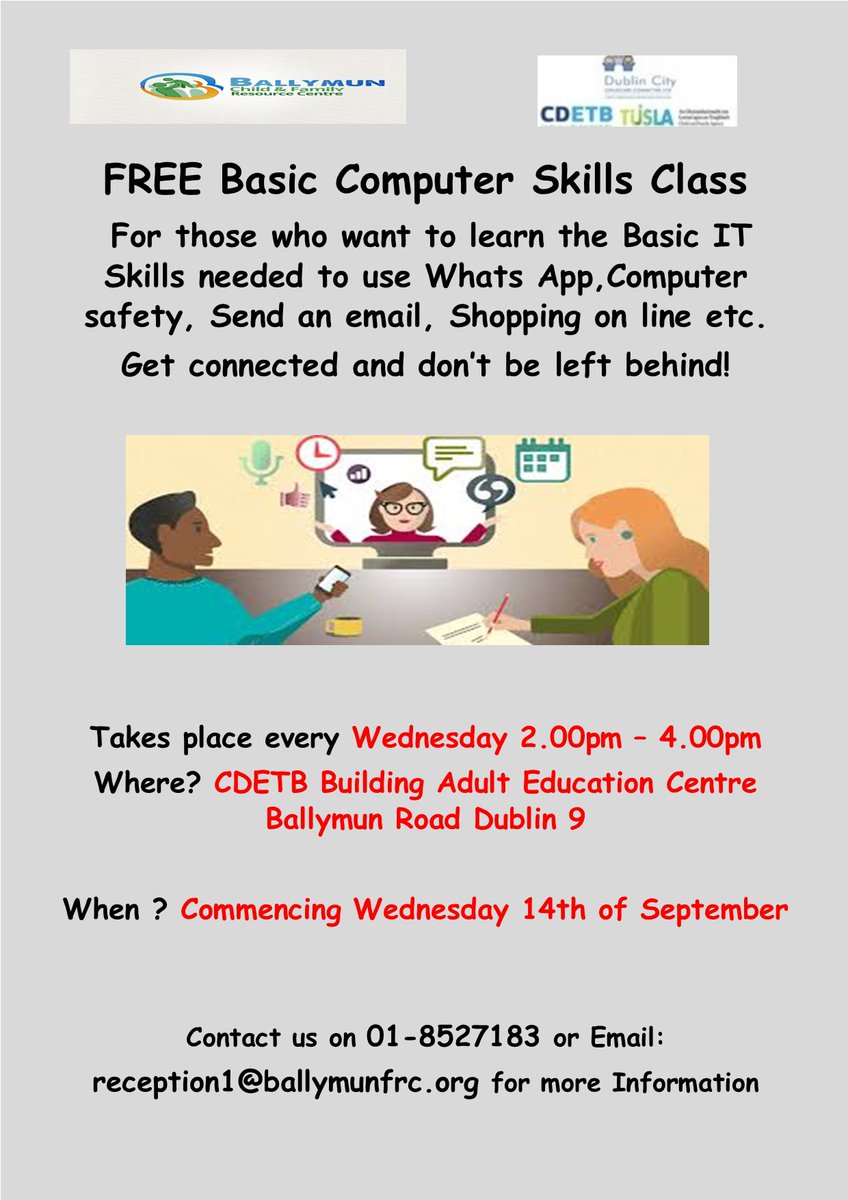 BCFRC1's tweet photo. Computer class Funded and Supported by CDETB Adult Education Service Dublin North Ballymun/Coolock/Kilbarrack Area perfect for anyone looking to learn basic computing skills pop in to @CDETBAdultEd at 2pm TODAY 👨💻👩💻
#BasicIT #LearnToConnect #cdetbadulteducation https://t.co/G5K8xqOXCO
