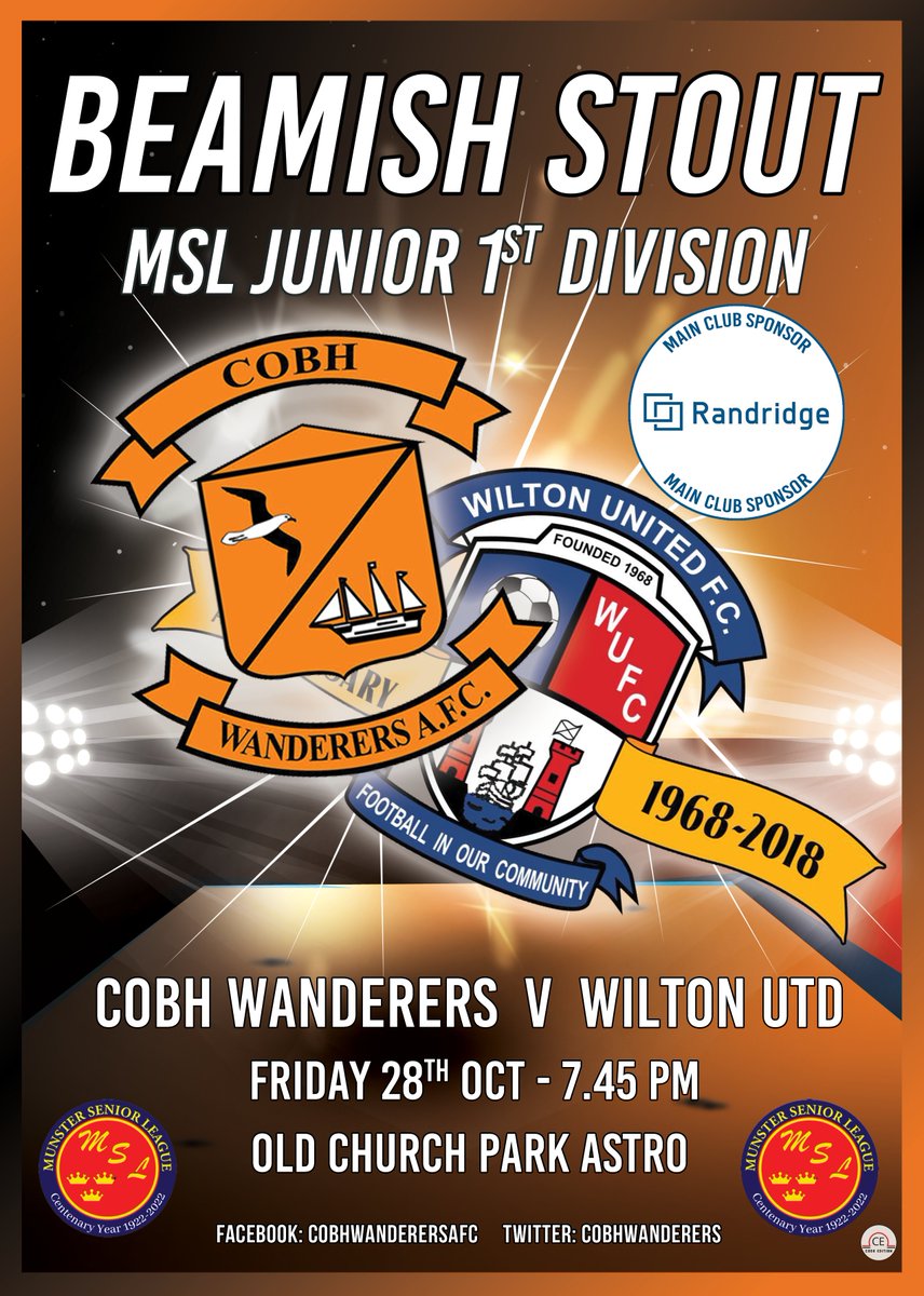 cobhwanderers's tweet photo. Beamish Stout Junior 1st Division
Cobh Wanderers v Wilton Utd
Friday 28th Oct - KO 7.45pm
Old Church Park Stephen Ireland Astro https://t.co/wweBkmCJSf