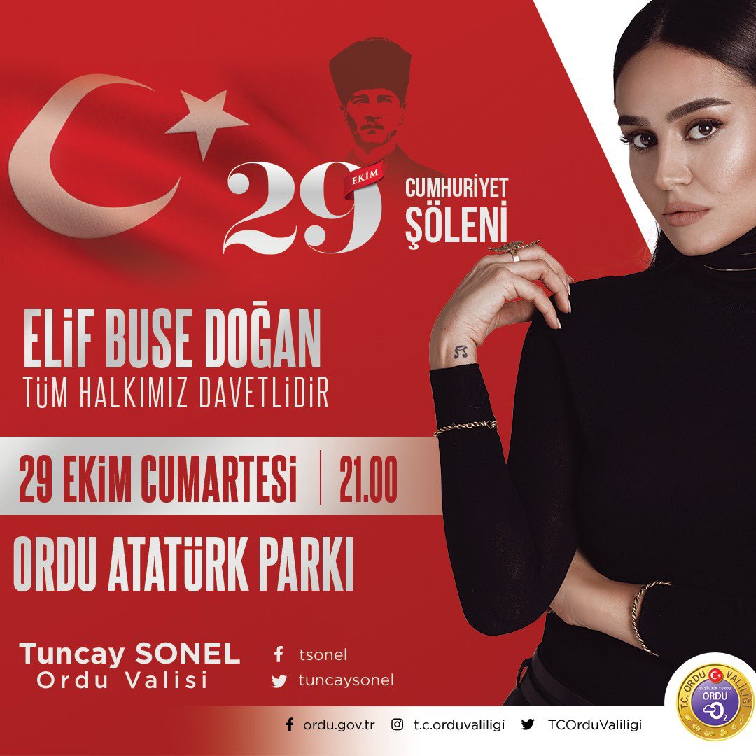 Bu konser kaçmaz… Cumhuriyet Şöleni’miz kapsamında düzenlemiş olduğumuz Elif Buse Doğan Konserine tüm hemşerilerimiz davetlidir. @tuncaysonel